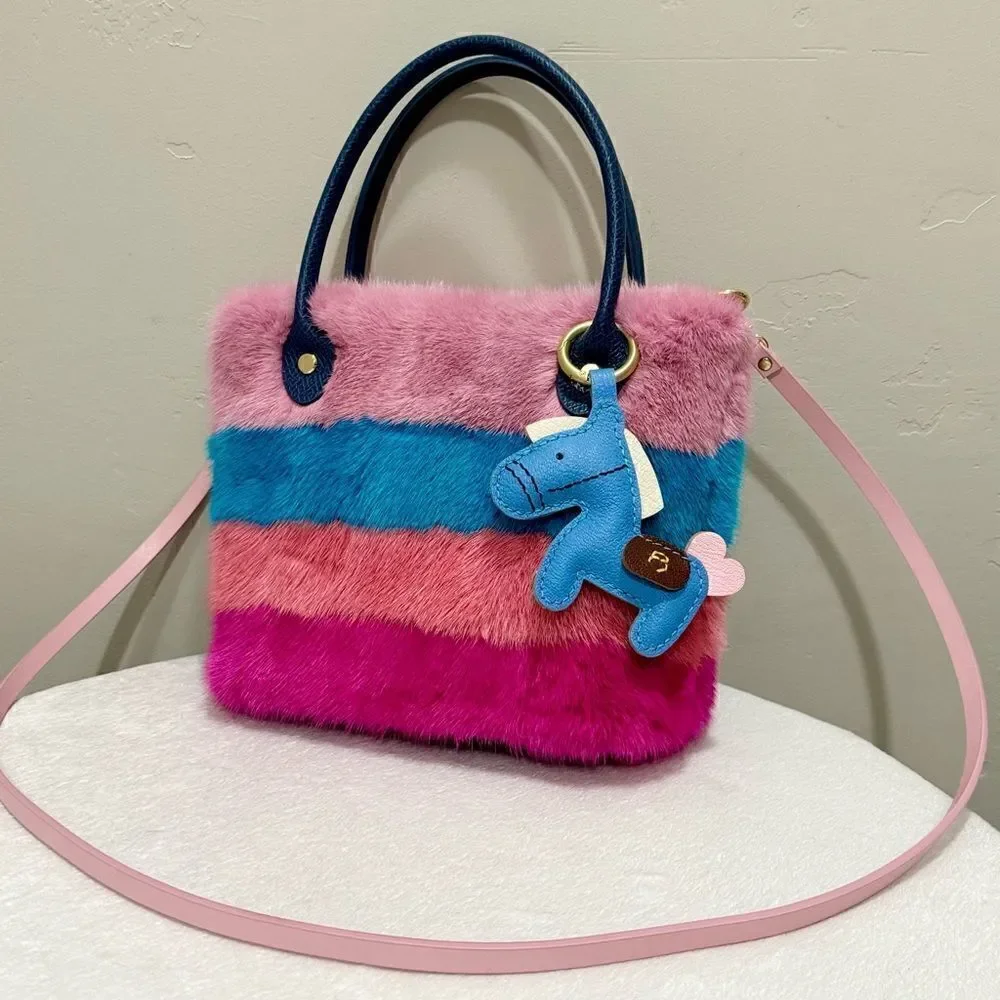 Colorful Striped Handmade Real Mink Fur Mini Tote/Crossbody & Pony Bag Charm